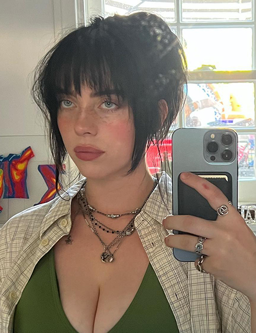 Billie Eilish in a black wolf cut tied in a high ponytail